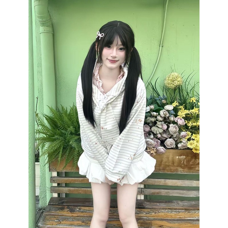 Women Fashion Over The Years - オールオーバーキュートコート韓国風ストライプストラップバッジスウェットシャツ秋薄手レイジースタイルファッションパーカー
