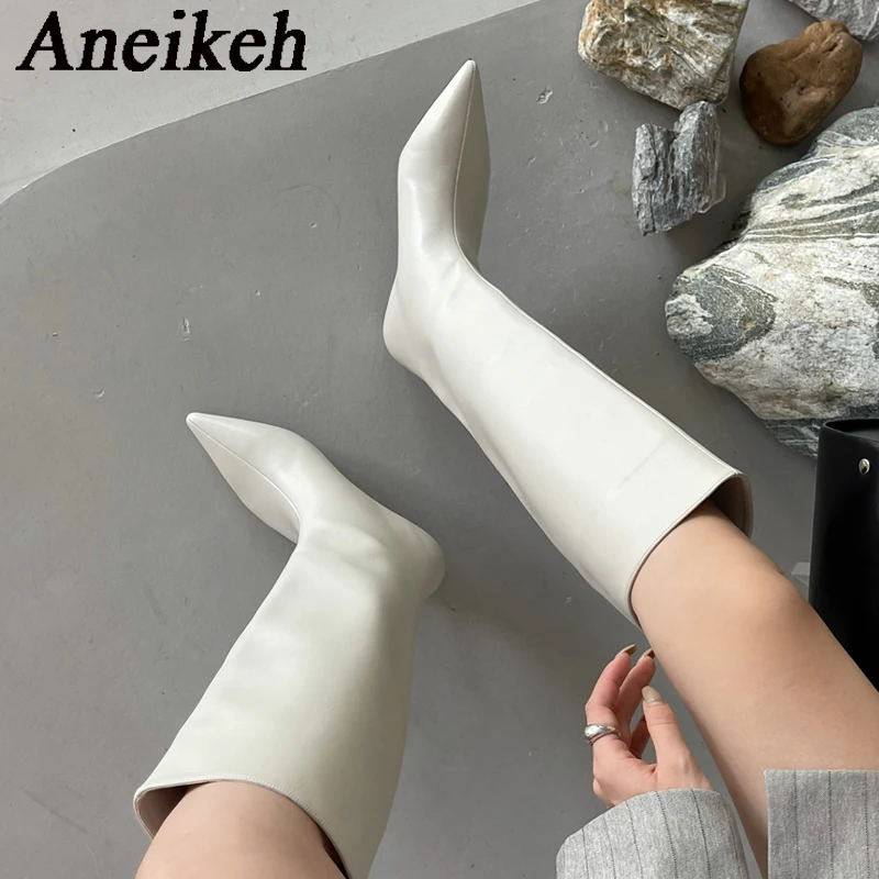 Women'S Fashion Knee High Boots - Aneikeh 2026 ファッションセクシーな尖ったローヒールニーロングブーツ女性の春/秋 PU 縫製パーティーボールウエスタンブーツ 35-42