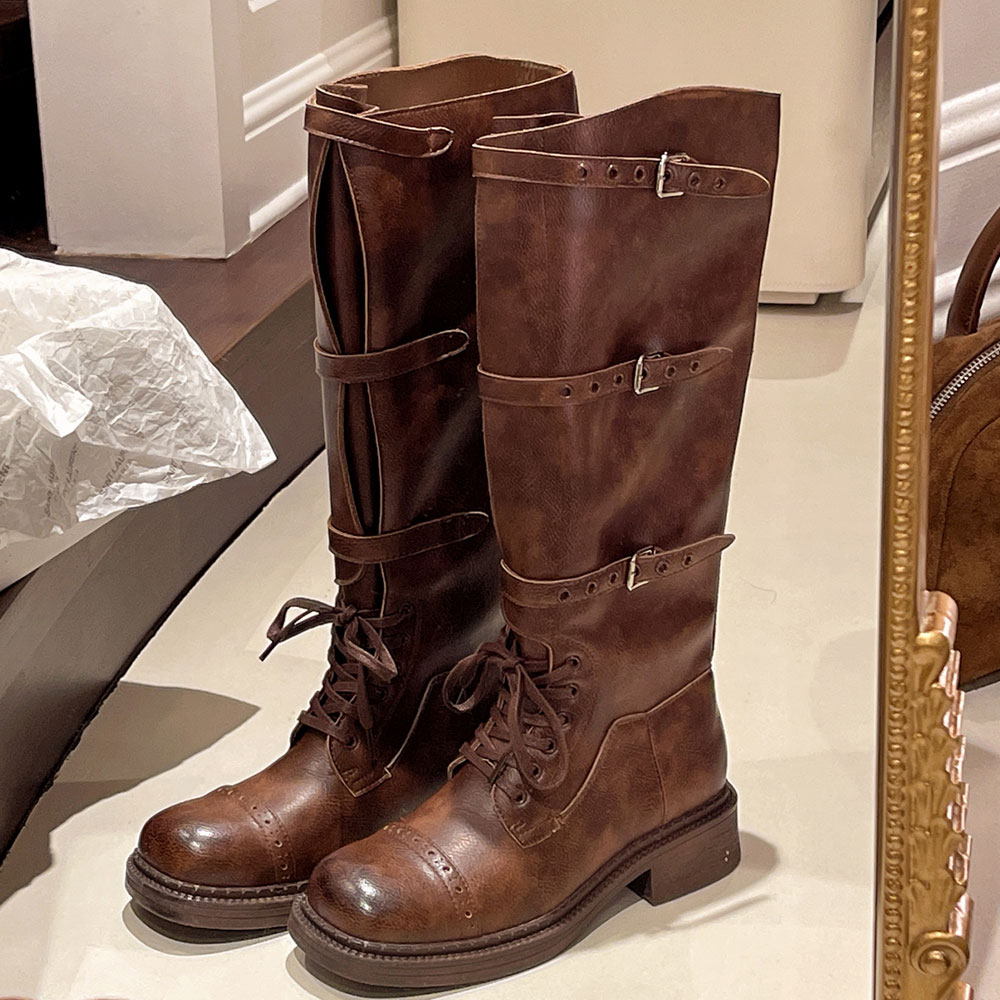 Women'S Fashion Knee High Boots - 女性のニーハイブーツヴィンテージベルトバックルデザイン女性のブーツファッションナイトブーツレザーロングチューブブーツボタスラルガスムジェ
