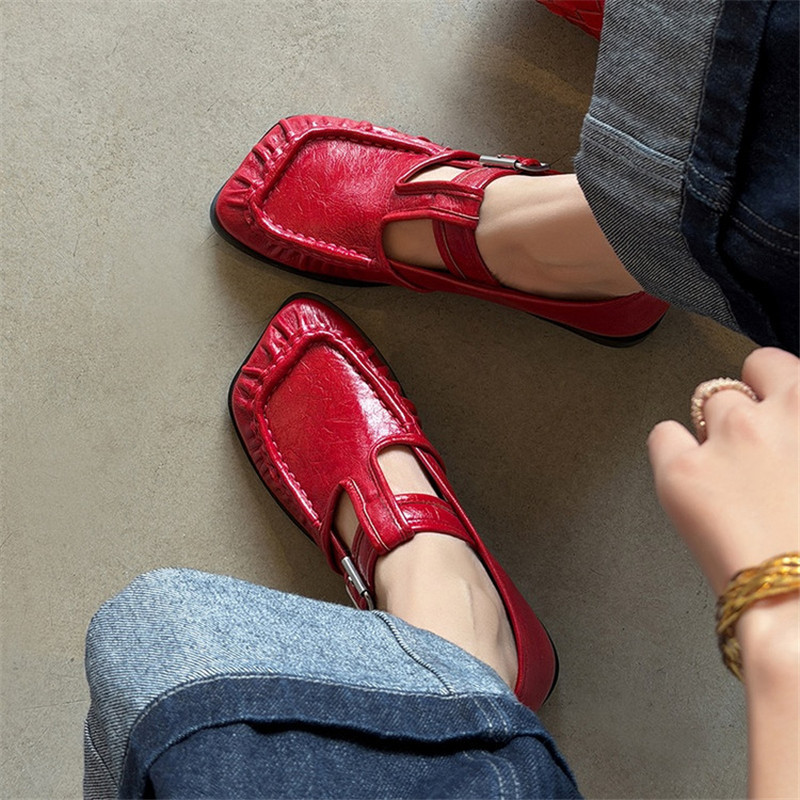 Women'S Fashion Shoes - 新しい春/秋の本革の女性の靴ファッションレトロスクエアトゥシューズ女性のためのローヒール女性パンプスレディースシューズ