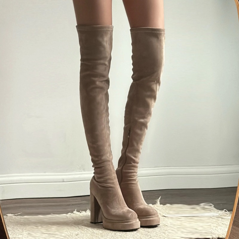 Women'S Fashion Knee High Boots - ナイトクラブファッション女性用太もも丈ブーツセクシー厚底ハイヒールパーティー秋冬レディースフリース裏地付きオーバーニーブーツ