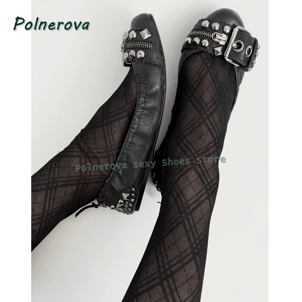 Women'S Fashion Shoes - リベットベルトバックル付きメリージェーンシューズ、ポインテッドトゥ、浅いジッパー装飾、レディースファッションパンプス、2026年春夏シューズ