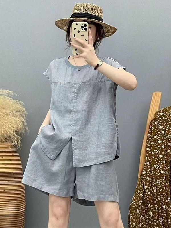 Women Fashion Over The Years - 高級綿麻セット女性夏ルーズカジュアル薄型通気性ファッションスプリットトップ半袖ショーツ 2 点セット