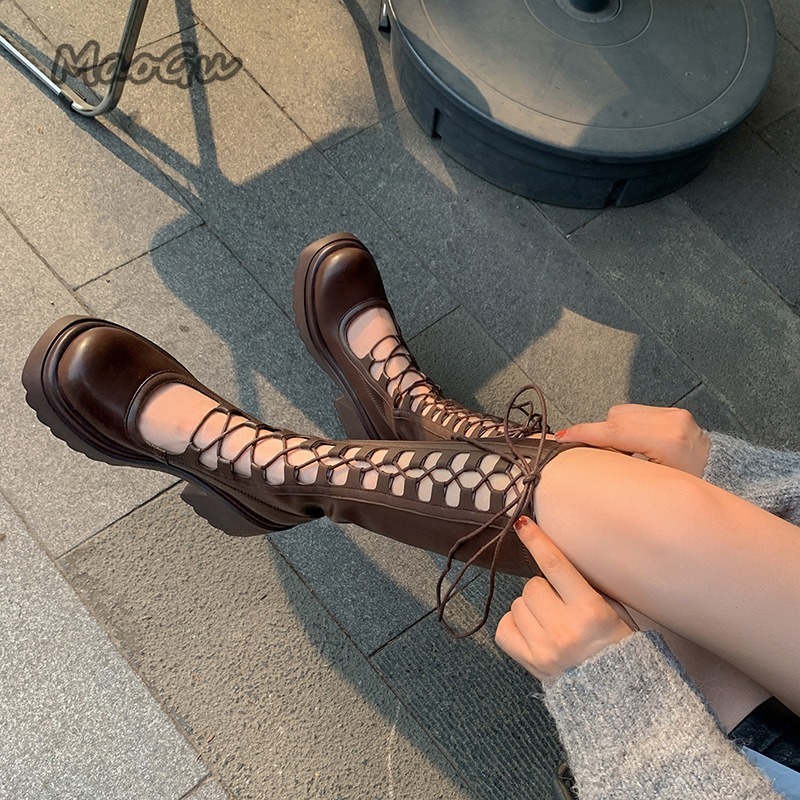 夏の女性のニーハイブーツファッションレースアッププラットフォ - Women'S Fashion Knee High Boots のレビューと価格