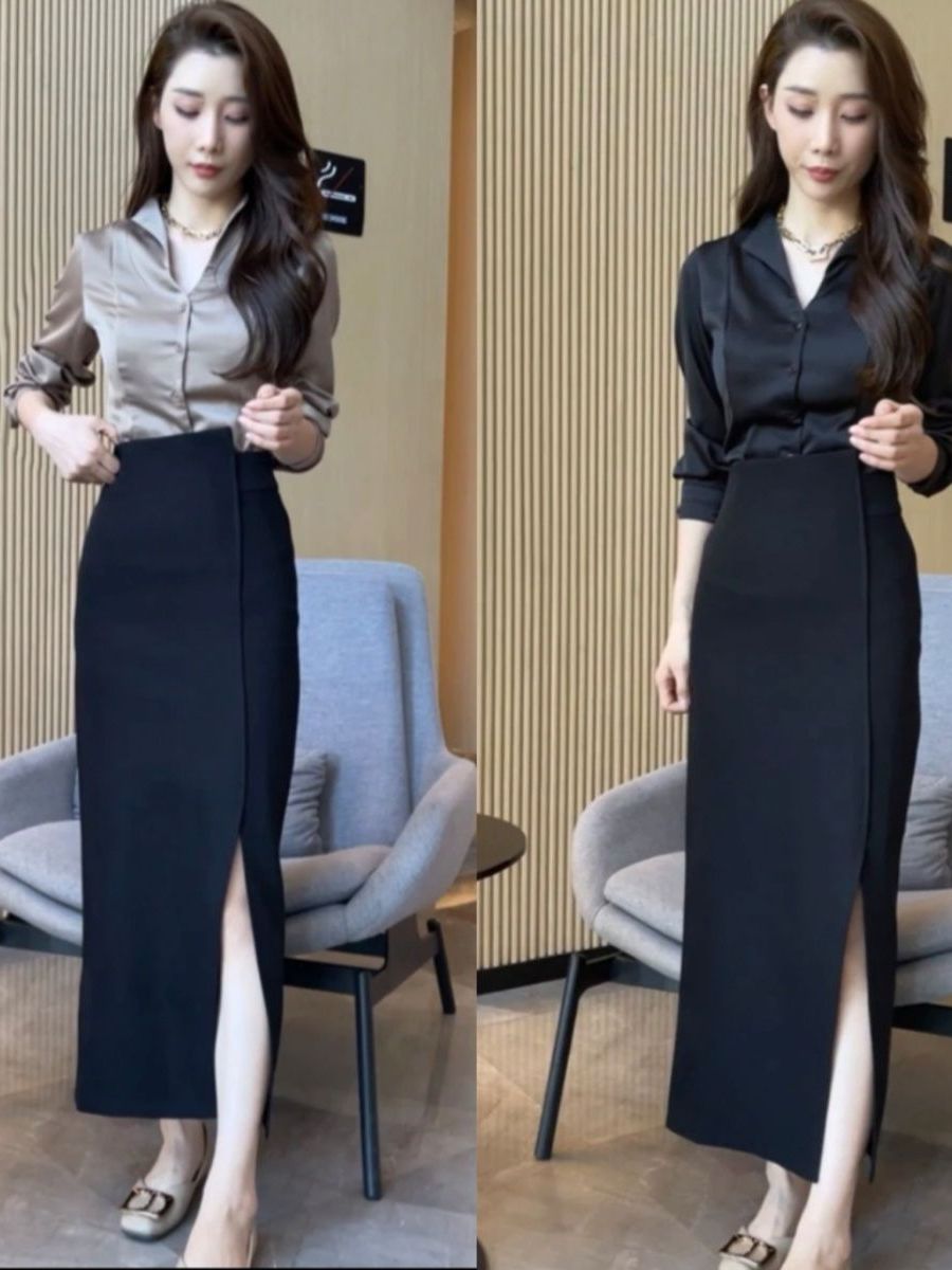 エレガントなハイウエストスリットサテンのトップスとミディスカ - Women Fashion Over The Years のレビューと価格