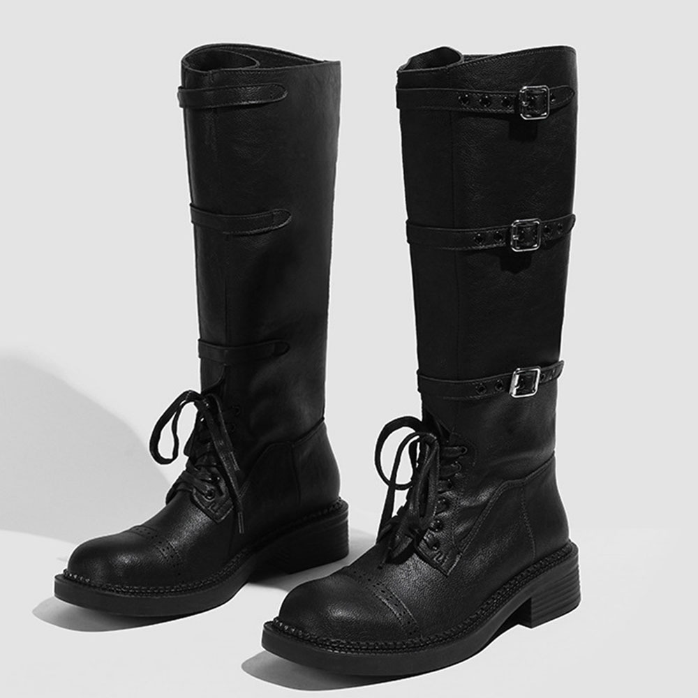 女性のニーハイブーツヴィンテージベルトバックルデザイン女性の - Women'S Fashion Knee High Boots のレビューと価格