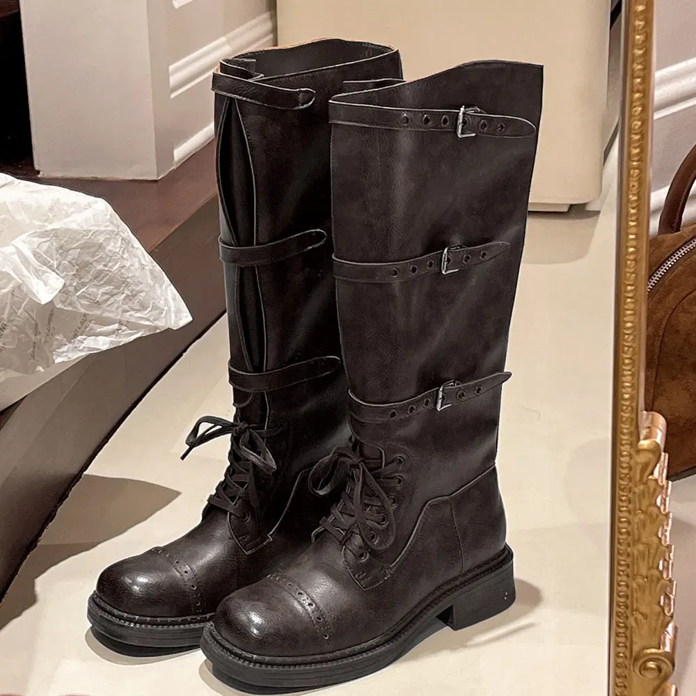 女性のニーハイブーツヴィンテージベルトバックルデザイン女性の - Women'S Fashion Knee High Boots のレビューと価格