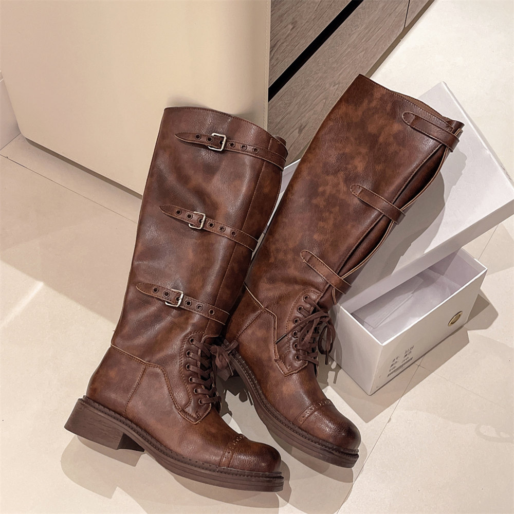 女性のニーハイブーツヴィンテージベルトバックルデザイン女性の - Women'S Fashion Knee High Boots のレビューと価格