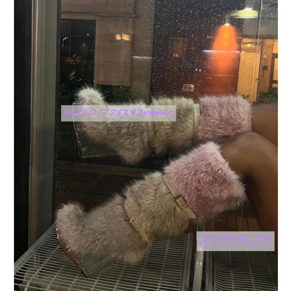 冬のグラデーション毛皮のような透明ウェッジブーツ女性の甘いベ - Women'S Fashion Knee High Boots のレビューと価格