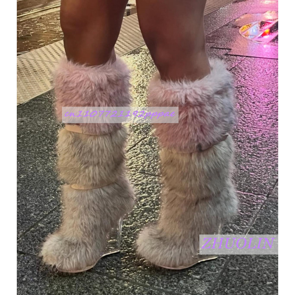 冬のグラデーション毛皮のような透明ウェッジブーツ女性の甘いベ - Women'S Fashion Knee High Boots のレビューと価格