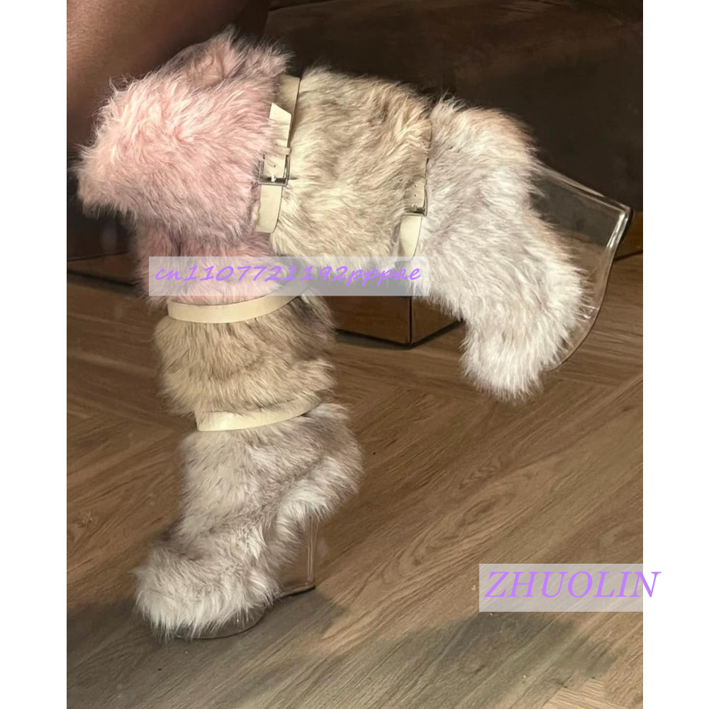 冬のグラデーション毛皮のような透明ウェッジブーツ女性の甘いベ - Women'S Fashion Knee High Boots のレビューと価格