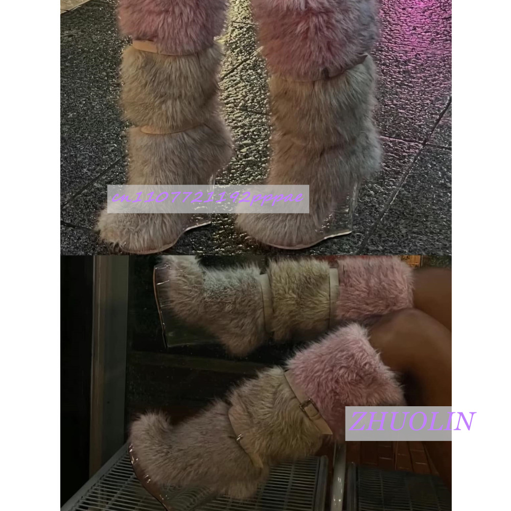 冬のグラデーション毛皮のような透明ウェッジブーツ女性の甘いベ - Women'S Fashion Knee High Boots のレビューと価格