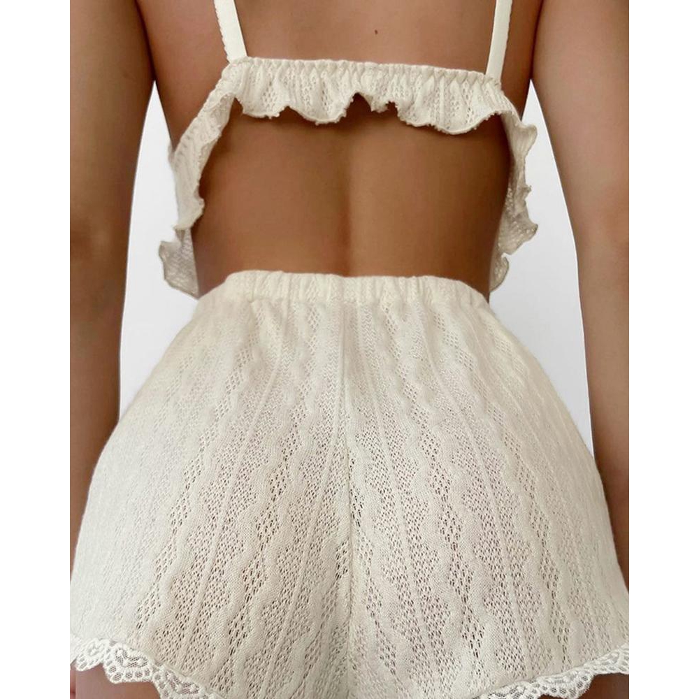 レーストリムフリル裾キャミトップセット、ケーブルテクスチャC - Lace Trim Cami のレビューと価格