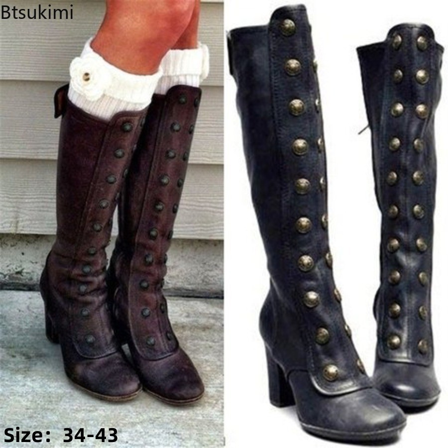 レトロブラックファッションリベット装飾ブーツチャンキーヒール - Women'S Fashion Knee High Boots のレビューと価格