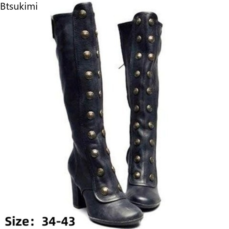 レトロブラックファッションリベット装飾ブーツチャンキーヒール - Women'S Fashion Knee High Boots のレビューと価格