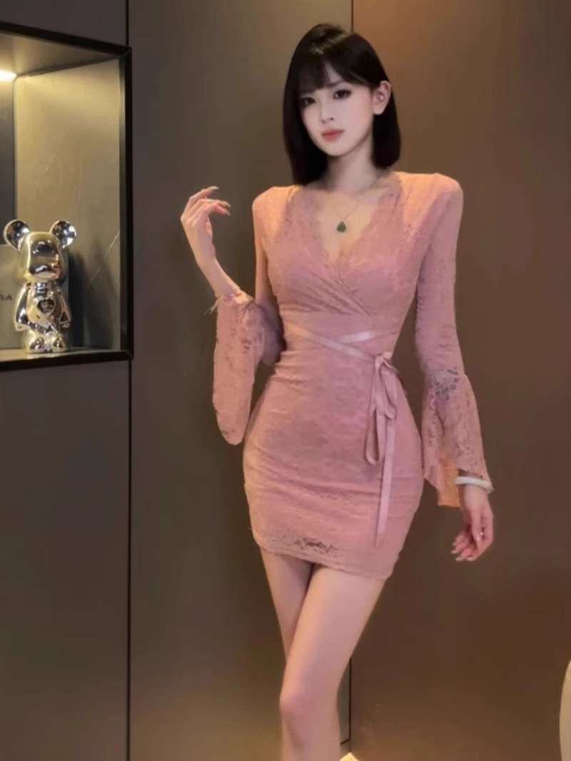 セクシーなレースのベルスリーブドレス女性のペンシルスカート痩 - Women Fashion Dress Names のレビューと価格