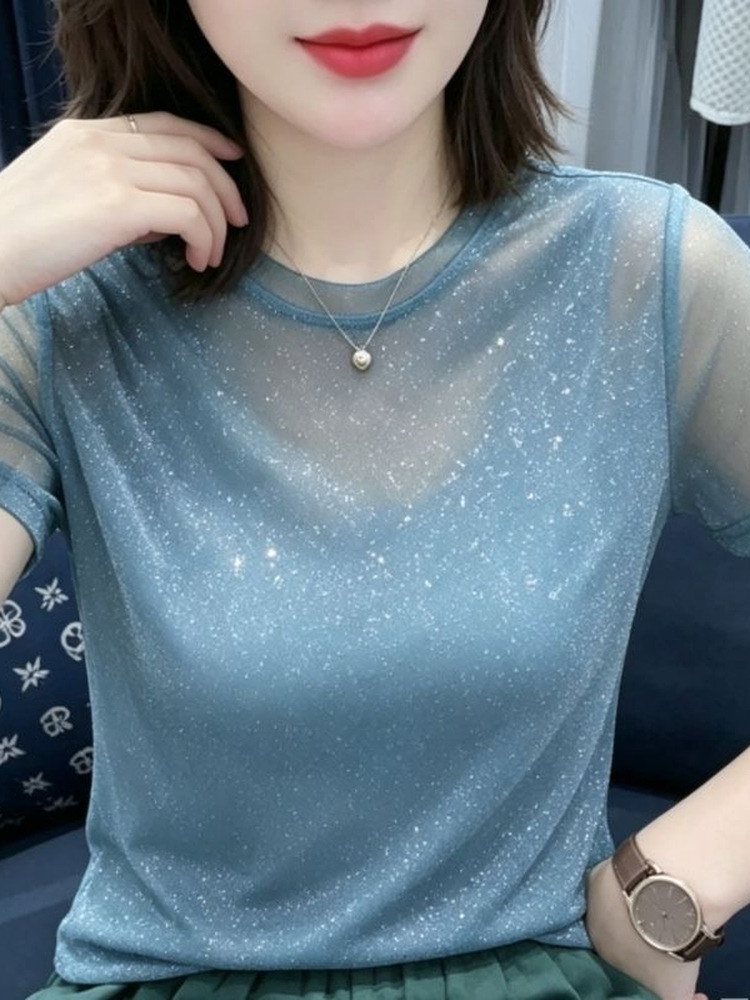 光沢のあるレース弾性ネットノースリーブラウンドネック Tシャ - Women Fashion Over The Years のレビューと価格