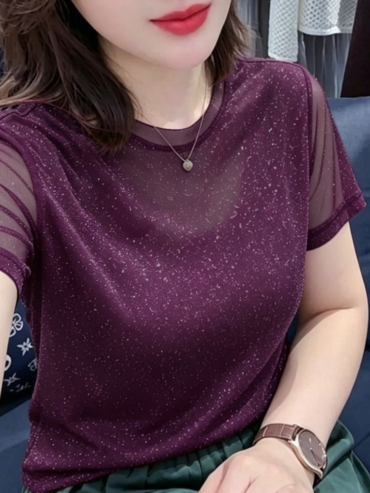 光沢のあるレース弾性ネットノースリーブラウンドネック Tシャ - Women Fashion Over The Years のレビューと価格