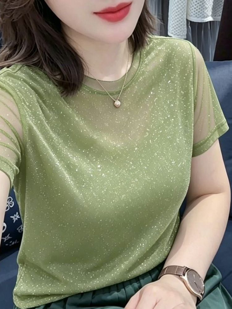 光沢のあるレース弾性ネットノースリーブラウンドネック Tシャ - Women Fashion Over The Years のレビューと価格