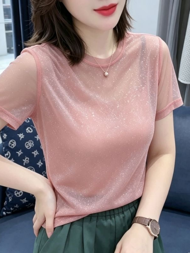 光沢のあるレース弾性ネットノースリーブラウンドネック Tシャ - Women Fashion Over The Years のレビューと価格