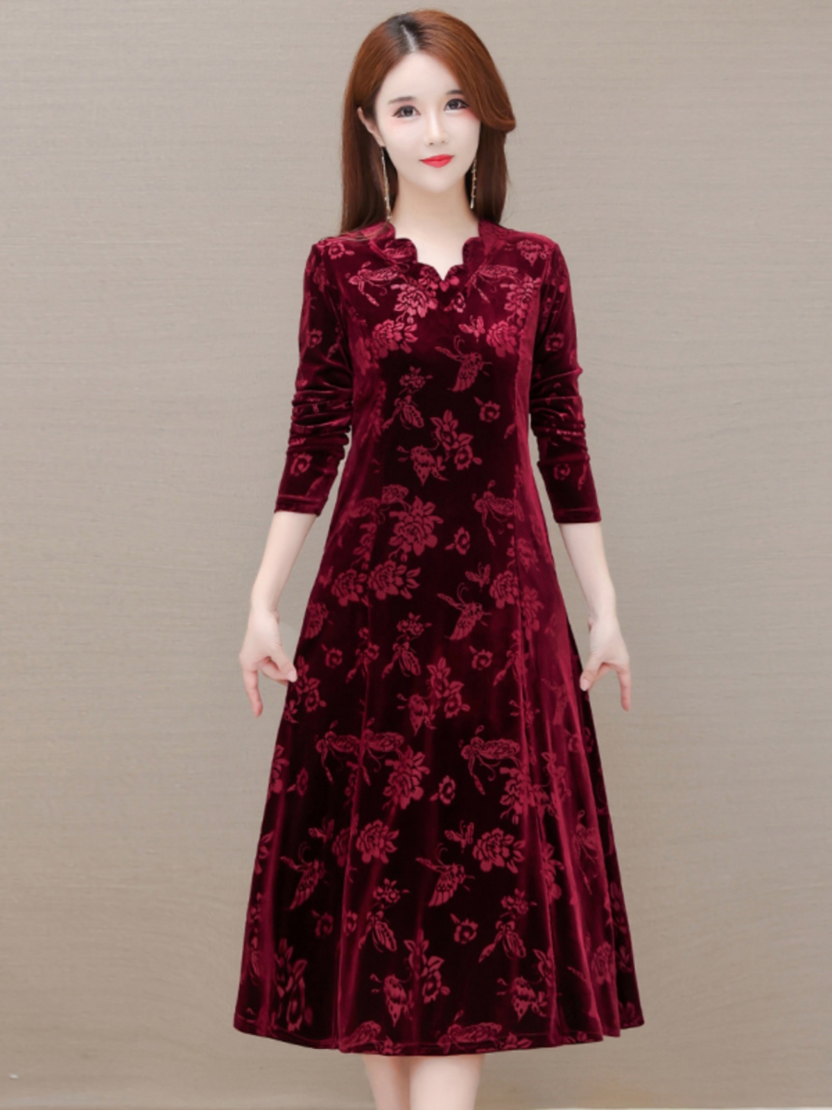 エレガントなベルベットドレス Vネック ミディ丈スカート ス - Women Fashion Over The Years のレビューと価格