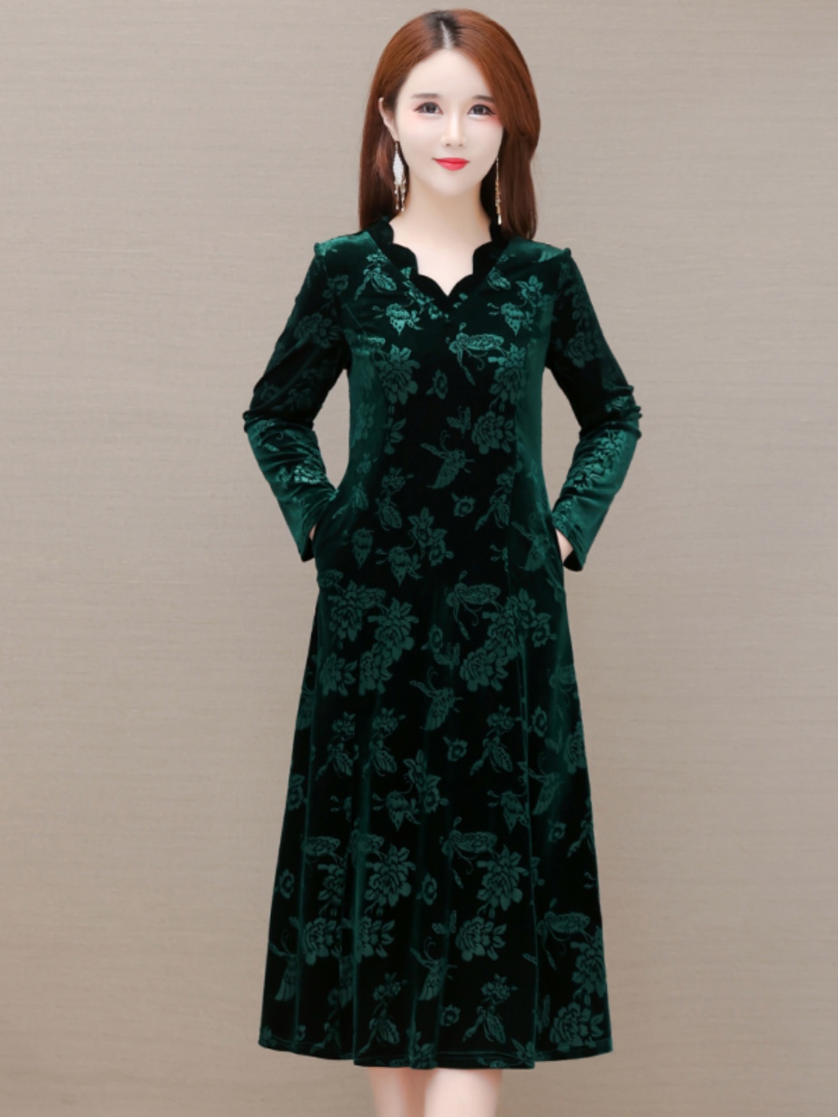 エレガントなベルベットドレス Vネック ミディ丈スカート ス - Women Fashion Over The Years のレビューと価格