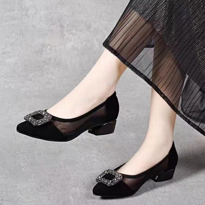 エレガントなポインテッドトゥメッシュブロックヒールパンプス、 - Women'S Fashion Shoes のレビューと価格