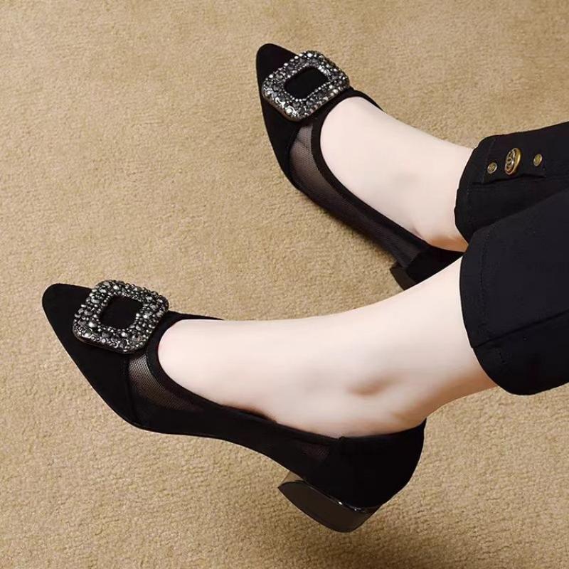 エレガントなポインテッドトゥメッシュブロックヒールパンプス、 - Women'S Fashion Shoes のレビューと価格