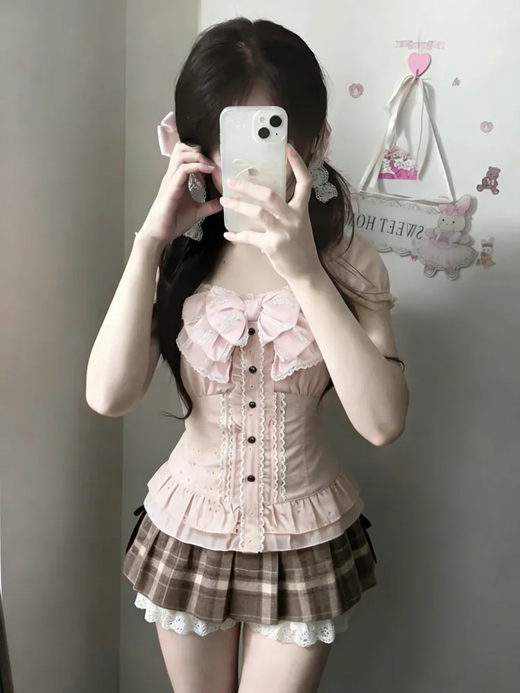 日本の可愛い3点セット レディース レースボウブラウス+キャ - Lace Trim Cami のレビューと価格